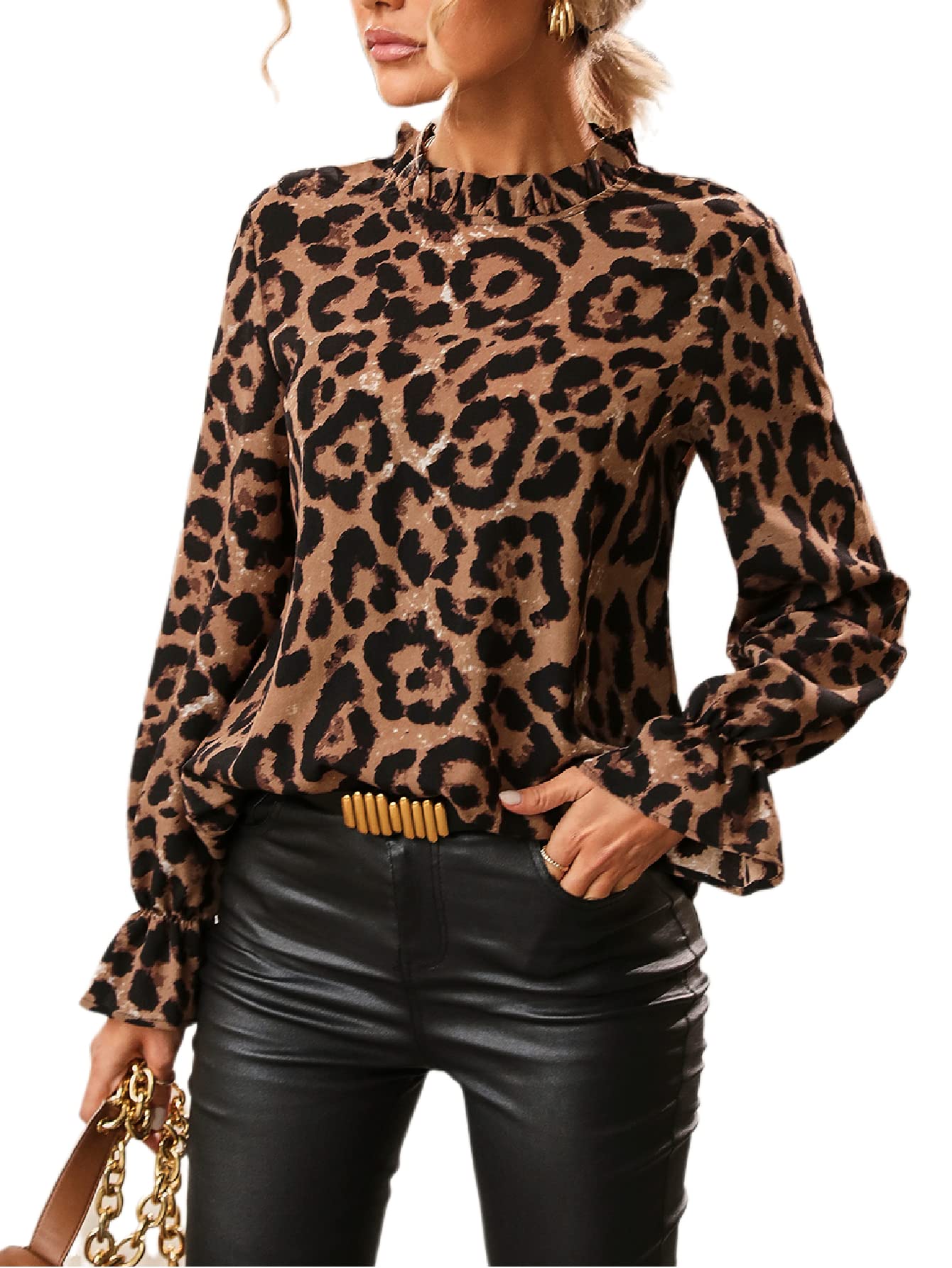 Floerns Women's Leopard Print Elegant Long Sleeve Frill Trim Mock Neck Blouse Tops Trendy Office Work Party wear High Qu