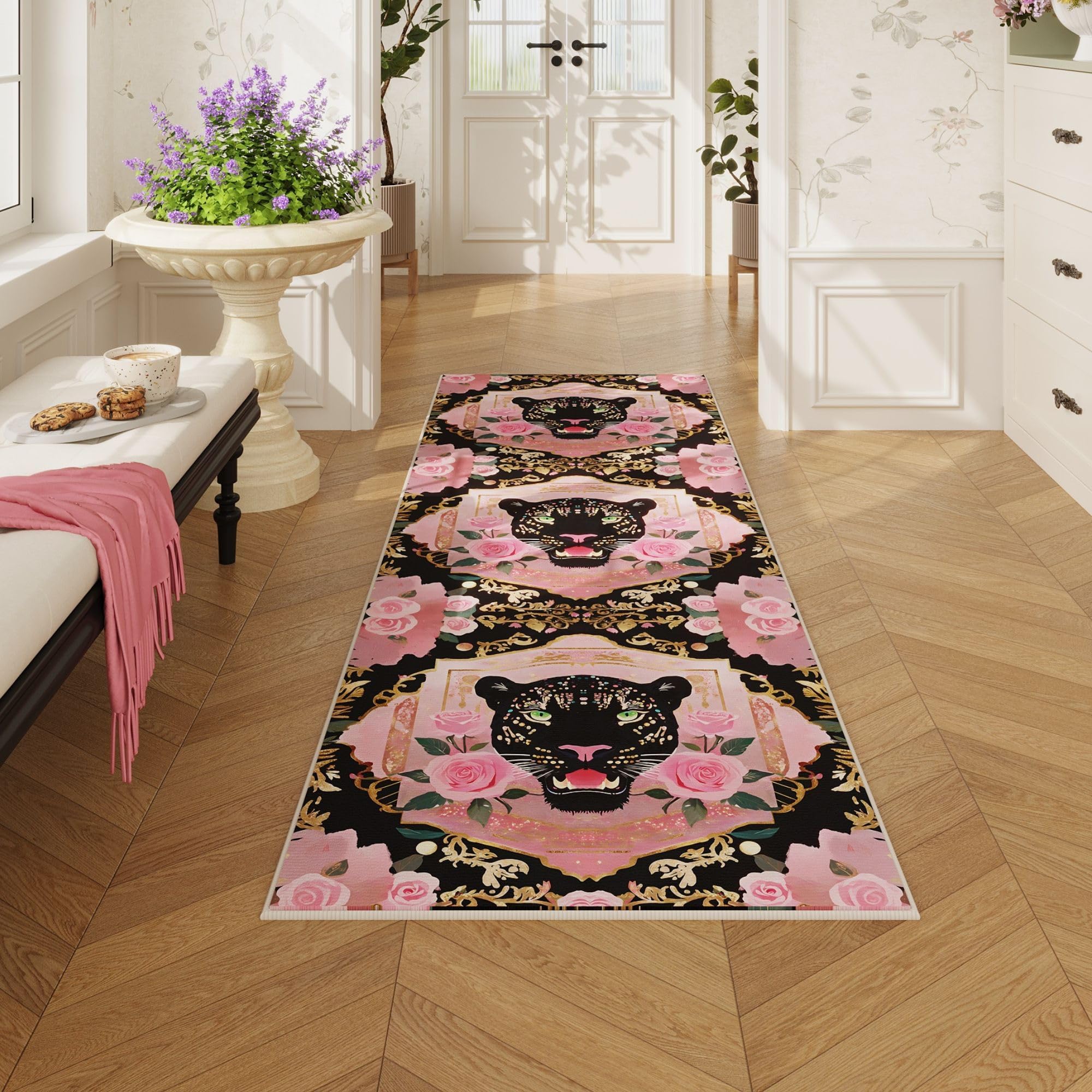 Non Slip Kitchen Rug for Runner Soft Leopard Floral Carpet 2'6"x8' Washable Rugs with Rubber Backing for Kitchen, Laundr