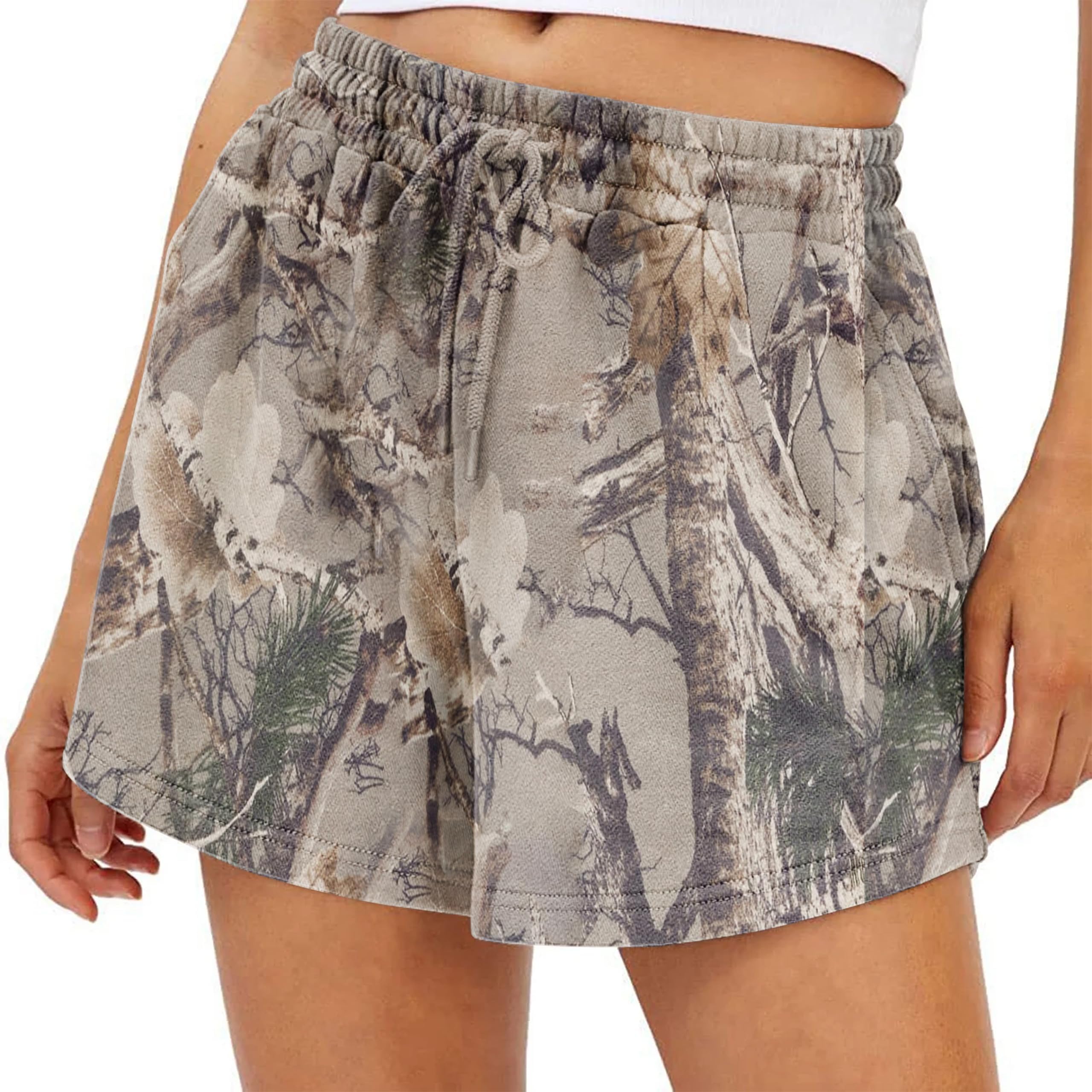 Ardrem Women Camo Sweat Shorts High Waisted Drawstring Lounge Shorts Maple Leaf Cheetah Print Athletic Shorts with Pocke
